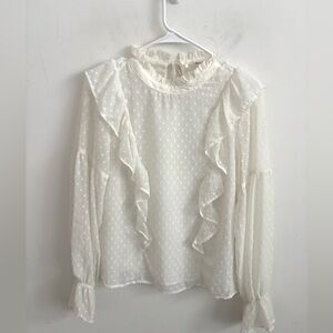 Whimsy White Womens Blouse L Swiss Dot Victorian Romantic Feminine Ruffle Neck